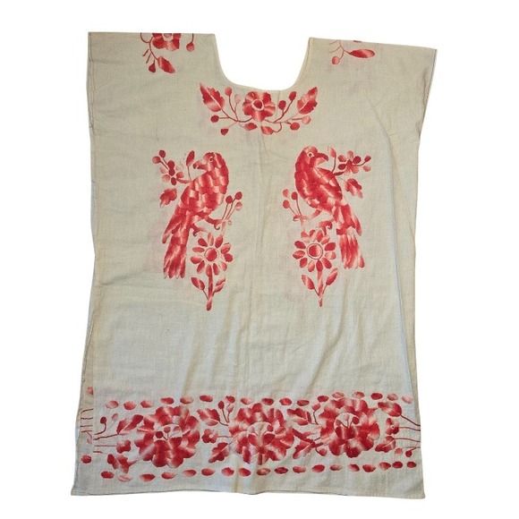 Vintage Boho Top Hand Embroidered Bird Floral Manta Cotton Mexican Huipil Midi - Picture 2 of 11
